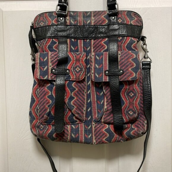 Volcom Destination Tote Blue & Red Geometric Design Crossbody Bag - Picture 2 of 16